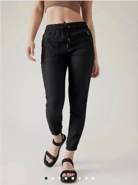 Athleta Cabo Linen Jogger Pants Womens 12 Tall Black Lightweight Pockets Taper